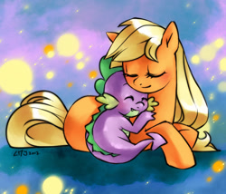 Size: 800x686 | Tagged: safe, artist:katiramoon, applejack, spike, dragon, earth pony, pony, applespike, blushing, cuddling, cute, eyes closed, female, lying down, male, mare, needs more jpeg, prone, shipping, sleeping, smiling, snuggling, spikelove, straight