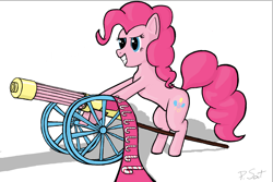 Size: 1500x1000 | Tagged: safe, artist:dappercat-uk, pinkie pie, earth pony, pony, candy cane, gun, minigun, partillery, solo