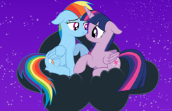 Size: 3045x1970 | Tagged: safe, artist:aquaticneon, derpibooru import, rainbow dash, twilight sparkle, twilight sparkle (alicorn), alicorn, pegasus, pony, cloud, female, lesbian, mare, night, shipping, twidash