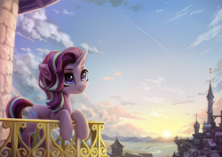 Size: 2121x1500 | Tagged: safe, artist:inowiseei, starlight glimmer, pony, unicorn, architecture, balcony, building, canterlot, castle, cloud, cloudy, contrail, cute, detailed hair, detailed mane, female, fluffy, glimmerbetes, grass, grass field, hill, leaning, leaning forward, leaning on fence, leaning on something, looking up, mare, mountain, mountain range, neck fluff, river, roof, scenery, sky, smiling, solo, sun, sunrise, sunset, tower
