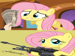 Size: 1024x768 | Tagged: safe, fluttershy, pegasus, pony, fistful of yen, gun, halo (series), halo reach, meme, mercenary, what would x do for a fistful of yen?, wrong aspect ratio