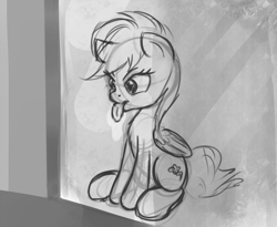 Size: 1000x820 | Tagged: safe, artist:scootiebloom, derpibooru import, rainbow dash, pegasus, pony, licking, monochrome, solo, window, window licking