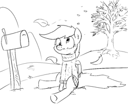 Size: 792x660 | Tagged: artist needed, safe, derpy hooves, pegasus, pony, /mlp/, autumn, blushing, clothes, drawthread, female, leaves, mailbox, mare, monochrome, sitting, solo, sweater, tree, turtleneck, wind