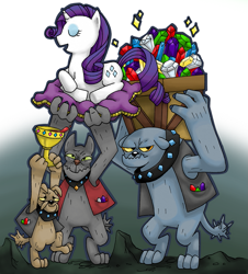 Size: 847x936 | Tagged: safe, artist:fauxboy, fido, rarity, rover, spot, diamond dog, pony, unicorn, cup, cushion, eyes closed, gem, goblet