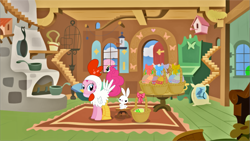 Size: 1275x718 | Tagged: safe, angel bunny, fluttershy, pinkie pie, earth pony, pegasus, pony, animal costume, chicken pie, chicken suit, clothes, costume, easter, easter egg, fluttershy's cottage