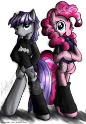 Size: 834x1200 | Tagged: safe, artist:flutterthrash, maud pie, pinkie pie, earth pony, pony, alternate hairstyle, bipedal, clothes, leg warmers, looking at you, metal, open mouth, smiling, venom (band)