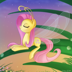 Size: 500x500 | Tagged: safe, artist:isa-isa-chan, fluttershy, breezie, it ain't easy being breezies, breeziefied, eyes closed, female, flutterbreez, grass, hilarious in hindsight, mare, smiling, solo, species swap