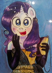 Size: 500x700 | Tagged: safe, artist:technaro, rarity, anthro, blushing, clothes, earring, evening gloves, looking at you, purse, smiling, solo