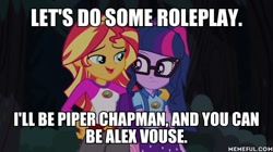 Size: 600x337 | Tagged: safe, edit, edited screencap, screencap, sci-twi, sunset shimmer, twilight sparkle, equestria girls, legend of everfree, clothes, female, image macro, lesbian, meme, netflix, open mouth, orange is the new black, reference, scitwishimmer, shipping, shorts, sunsetsparkle, text