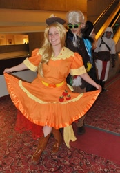 Size: 1113x1600 | Tagged: artist needed, safe, applejack, discord, human, clothes, convention, cosplay, dress, irl, irl human, photo, sunglasses, youmacon, youmacon 2012