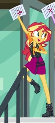 Size: 351x782 | Tagged: safe, screencap, sunset shimmer, better together, equestria girls, the finals countdown, a+, boots, clothes, cropped, female, geode of empathy, grades, high heel boots, jacket, leather jacket, shoes, skirt, smiling, solo, test