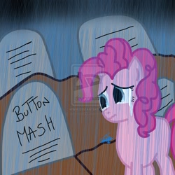 Size: 894x894 | Tagged: safe, artist:carolinaa123, button mash, pinkie pie, earth pony, pony, buttongate, crying, drama, grave, gravestone, graveyard, implied death, sad, solo, tearjerker, watermark