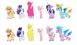 Size: 1458x853 | Tagged: safe, artist:princesspeach5, derpibooru import, applejack, applejack (g1), arizona cow, firefly, fluttershy, oleander, paprika paca, pinkie pie, pom lamb, posey, rainbow dash, rarity, sparkler (g1), surprise, tianhuo, twilight, twilight sparkle, velvet reindeer, alpaca, cow, deer, earth pony, lamb, pony, reindeer, sheep, unicorn, them's fightin' herds, bandana, chest fluff, cloven hooves, colored hooves, colored horn, colored wings, community related, female, fiery wings, fightin' six, g1 six, mane of fire, mane six, multicolored wings, palette swap, rainbow fire, rainbow hair, rainbow wings, recolor, simple background, white background