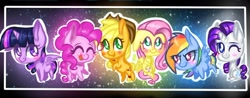 Size: 988x387 | Tagged: safe, artist:baid-woo, derpibooru import, applejack, fluttershy, pinkie pie, rainbow dash, rarity, twilight sparkle, twilight sparkle (alicorn), alicorn, earth pony, pegasus, pony, unicorn, chibi, female, mane six, mare