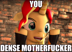 Size: 7472x5400 | Tagged: safe, artist:imafutureguitarhero, sunset shimmer, pony, unicorn, 3d, absurd resolution, brick wall, bricks, bust, clothes, floppy ears, gunshow, hooves up, jacket, leather jacket, meme, open mouth, raised hooves, reaction image, solo, source filmmaker, syndrome, the anime club, the incredibles, vulgar, wall, wide eyes, you dense motherfucker