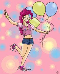 Size: 1458x1787 | Tagged: safe, artist:frankaraya, pinkie pie, human, belly button, bracelet, converse, humanized, midriff, shoes, solo