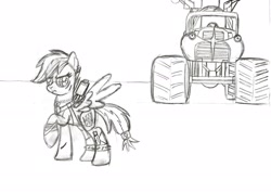 Size: 2084x1480 | Tagged: safe, artist:brekrofmadness, derpibooru import, rainbow dash, pegasus, pony, alternate timeline, apocalypse dash, bandage, crossover, crystal war timeline, female, knife, mad max, mad max fury road, mare, monochrome, monster truck, rictus erectus, simple background, skull, solo, traditional art, white background