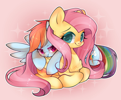 Size: 1500x1247 | Tagged: safe, artist:snow angel, derpibooru import, fluttershy, rainbow dash, pegasus, pony, chest fluff, cute, dashabetes, female, flutterdash, gradient background, jealous, lesbian, looking at you, mare, scrunchy face, shipping, shyabetes, sparkles