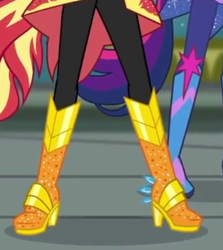 Size: 387x433 | Tagged: safe, screencap, sci-twi, sunset shimmer, twilight sparkle, equestria girls, equestria girls series, super squad goals, boots, cropped, crystal guardian, high heel boots, legs, pictures of legs, shoes