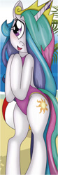 Size: 250x757 | Tagged: safe, artist:ratachu666, princess celestia, alicorn, pony, beach, bipedal, clothes, cute, cutelestia, one-piece swimsuit, open-back swimsuit, swimsuit