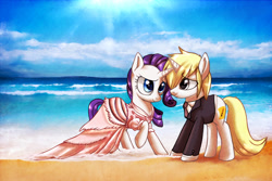 Size: 1280x853 | Tagged: safe, artist:samonferrari, rarity, oc, pony, unicorn, beach, canon x oc, clothes, dress, wedding dress