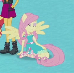 Size: 386x380 | Tagged: safe, screencap, fluttershy, sunset shimmer, better together, equestria girls, boots, clothes, cropped, cute, female, high heel boots, ponied up, pony ears, sandals, shoes, shyabetes, skirt, smiling, wings