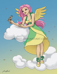 Size: 680x880 | Tagged: safe, artist:jpepart, fluttershy, bird, human, clothes, dress, elf ears, humanized, solo, winged humanization