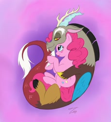 Size: 1886x2055 | Tagged: safe, artist:zabchan, discord, pinkie pie, earth pony, pony, blushing, cuddling, cute, diapinkes, discopie, female, hug, male, shipping, snuggling, straight, tongue out