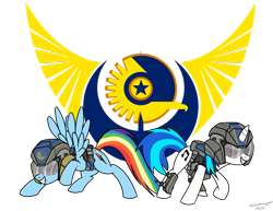 Size: 1017x786 | Tagged: safe, artist:spazzymcnugget, derpibooru import, dj pon-3, rainbow dash, vinyl scratch, pegasus, pony, unicorn, armor, crossover, cutie mark, female, hooves, horn, logo, mare, new conglomerate, planetside 2, simple background, smiling, spread wings, teeth, transparent background, vector, video game, wings