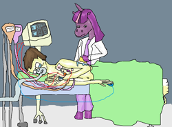 Size: 909x669 | Tagged: safe, artist:crystals1986, derpibooru import, twilight sparkle, oc, anthro, human, bath, bed, crying, doctor, electrocardiogram, hospital, palindrome get, self insert, sick, sponge, urine