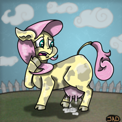 Size: 666x666 | Tagged: source needed, useless source url, safe, artist:justanotherdrawfag, fluttershy, cow, cloven hooves, cowified, fence, floppy ears, fluttercow, fluttermilk, frown, lactation, leaking, milk, open mouth, puddle, raised eyebrow, smiling, solo, species swap, udder