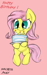 Size: 800x1280 | Tagged: safe, artist:macheteponies, fluttershy, pegasus, pony, atryl-ish, bipedal, cake, candle, cute, happy, happy birthday, shyabetes, smiling, solo, style emulation