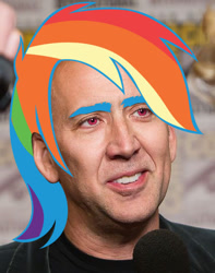 Size: 473x599 | Tagged: safe, artist:equestria-prevails, derpibooru import, edit, rainbow dash, human, alternate hairstyle, irl, irl human, nicolas cage, photo, wat