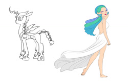 Size: 1398x904 | Tagged: safe, artist:carnifex, princess celestia, oc, oc:mirage, changeling, changeling queen, human, barefoot, changeling queen oc, feet, female, humanized, simple background, sketch, white background