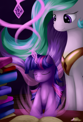 Size: 3900x5700 | Tagged: safe, artist:grennadder, princess celestia, twilight sparkle, alicorn, pony, absurd resolution, book, eyes closed, filly, filly twilight sparkle, magic