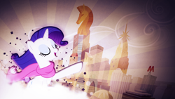 Size: 1920x1080 | Tagged: safe, artist:divideddemensions, artist:missbeigepony, rarity, pony, unicorn, clothes, lens flare, manehattan, pose, scarf, vector, wallpaper