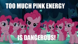 Size: 584x329 | Tagged: safe, edit, edited screencap, screencap, pinkie pie, earth pony, pony, too many pinkie pies, caption, clone, female, image macro, linkara, mare, meme, multeity, pinkie clone, power rangers, reference, that cute clone, too much pink energy is dangerous