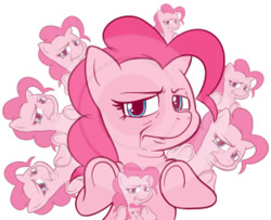 Size: 600x488 | Tagged: safe, artist:gatodelfuturo, pinkie pie, earth pony, pony, disgusted, female, mare, multeity, needs more jpeg, solo, too much pink energy is dangerous, underhoof, wat