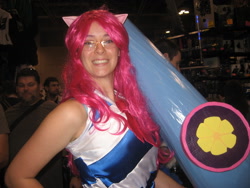 Size: 1600x1200 | Tagged: safe, pinkie pie, human, 2013, clothes, convention, cosplay, dress, fan expo, gala dress, glasses, irl, irl human, party cannon, photo, solo