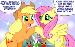 Size: 1280x800 | Tagged: safe, artist:marcusmaximus, applejack, fluttershy, earth pony, pegasus, pony, rabbit, animal, apple, comic, dialogue