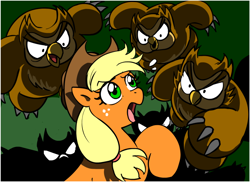 Size: 800x582 | Tagged: safe, artist:marcusmaximus, applejack, earth pony, owlbear, pony, female, mare, owlursus