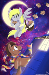 Size: 900x1391 | Tagged: safe, artist:romaniz, derpy hooves, doctor whooves, pony, clothes, doctor who, eyes closed, male, moon, muffin, scarf, space, stallion, sweat, tangible heavenly object, tardis