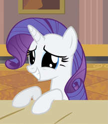 Size: 791x911 | Tagged: safe, screencap, rarity, pony, unicorn, rarity takes manehattan, big eyes, cute, desk, dilated pupils, female, grin, leaning, mare, rarara, raribetes, smiling, solo, squee