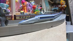 Size: 1280x722 | Tagged: safe, berry punch, berryshine, derpy hooves, fluttershy, rainbow dash, scootaloo, spike, thunderlane, pegasus, pony, brushable, bullet train, chocobo, female, irl, mare, model train, photo, railroad, shinkansen, toy, train