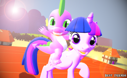 Size: 1024x631 | Tagged: safe, artist:flare-chaser, derpibooru import, spike, twilight sparkle, twilight sparkle (alicorn), alicorn, dragon, pony, 3d, female, gmod, mare, riding