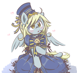 Size: 1079x1024 | Tagged: safe, artist:melodenesa, derpy hooves, pegasus, pony, :o, blushing, bow, clothes, cute, dress, female, hat, head tilt, heart, mare, muffin, open mouth, simple background, solo, white background