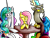 Size: 700x530 | Tagged: safe, artist:silvy-fret, discord, fluttershy, princess celestia, alicorn, pegasus, pony, annoyed, implied dislestia, sitting, table, therapy