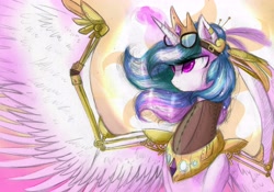 Size: 6874x4816 | Tagged: safe, artist:alicjaspring, princess celestia, alicorn, pony, absurd resolution, alternate hairstyle, amputee, artificial wings, augmented, female, glowing horn, goggles, magic, mare, mechanical wing, piercing, prosthetic limb, prosthetic wing, prosthetics, solo, spread wings, steampunk, wings