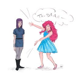 Size: 500x493 | Tagged: safe, artist:demdoodles, maud pie, pinkie pie, human, clothes, dress, humanized