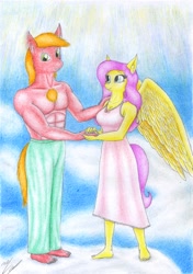 Size: 1634x2326 | Tagged: safe, artist:sinaherib, big macintosh, fluttershy, anthro, plantigrade anthro, barefoot, clothes, cloud, cloudy, dress, feet, female, fluttermac, male, shipping, straight, traditional art